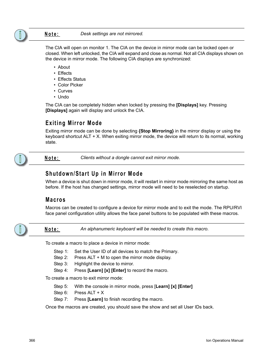 Exiting mirror mode, Shutdown/start up in mirror mode, Macros | ETC Ion User Manual | Page 382 / 440