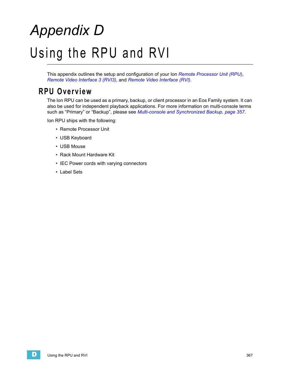 Using the rpu and rvi, Rpu overview, A p p e n d i x d | Appendix d using the rpu and rvi | ETC Ion User Manual | Page 383 / 440