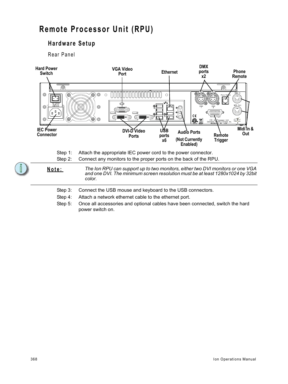 Remote processor unit (rpu), Hardware setup, Rear panel | N o t e | ETC Ion User Manual | Page 384 / 440