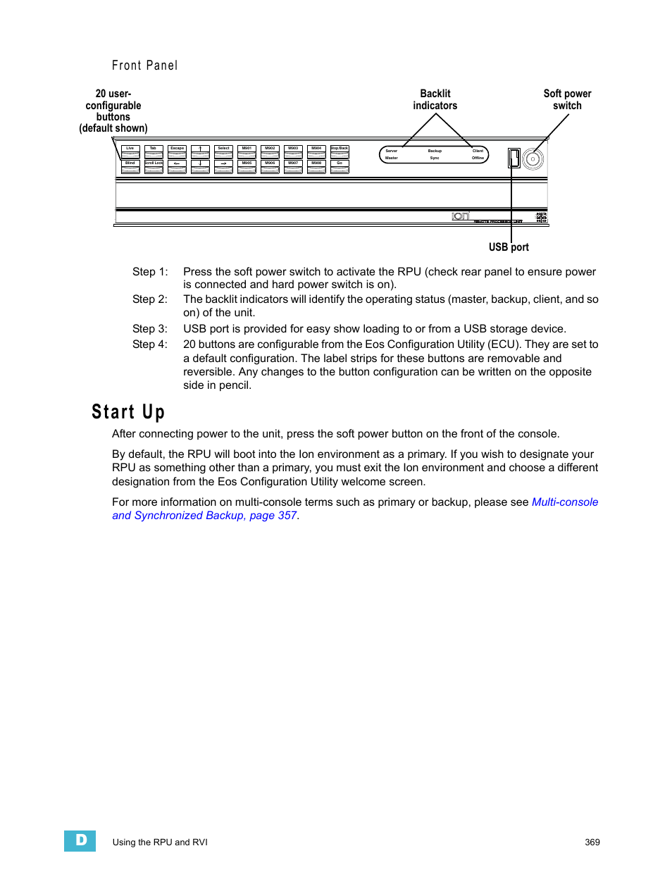 Start up, Front panel | ETC Ion User Manual | Page 385 / 440