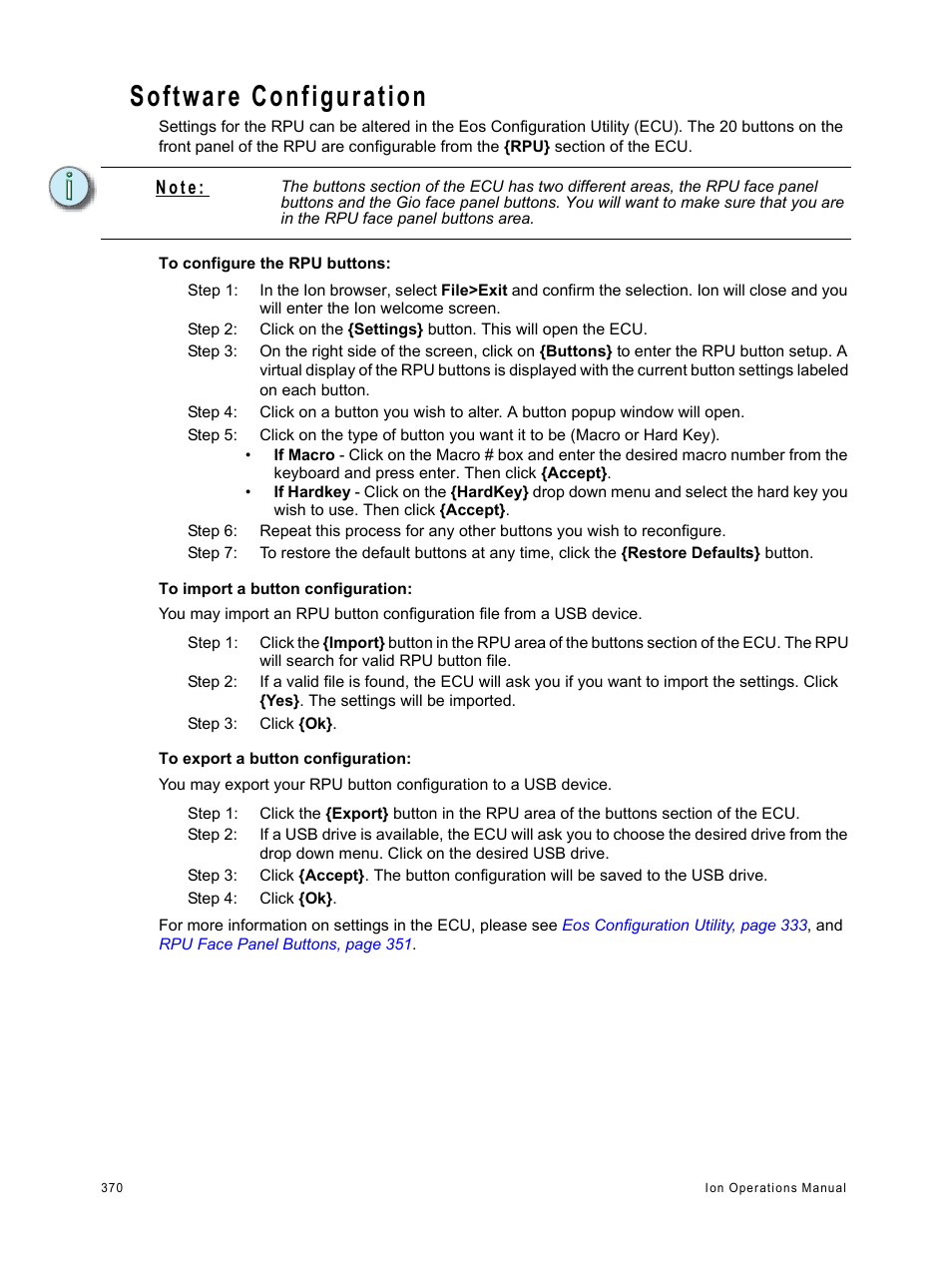 Software configuration, N o t e | ETC Ion User Manual | Page 386 / 440