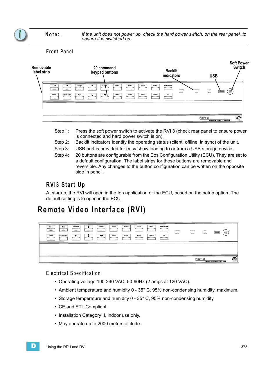 Rvi3 start up, Remote video interface (rvi), Front panel | Electrical specification, N o t e | ETC Ion User Manual | Page 389 / 440