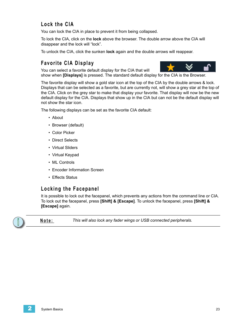 Lock the cia, Favorite cia display, Locking the facepanel | ETC Ion User Manual | Page 39 / 440