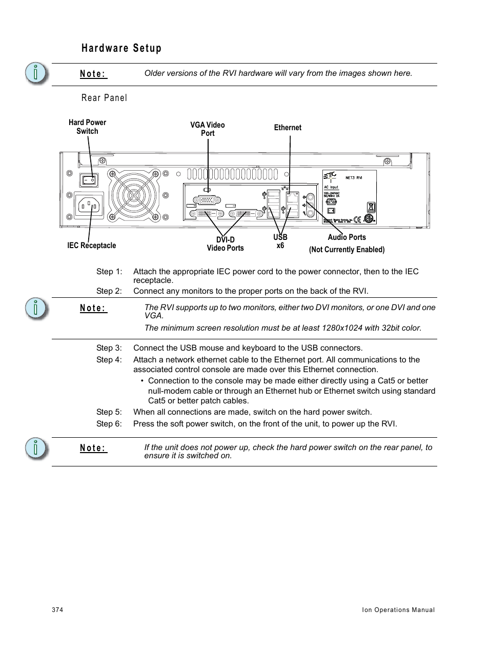 Hardware setup, Rear panel, N o t e | ETC Ion User Manual | Page 390 / 440