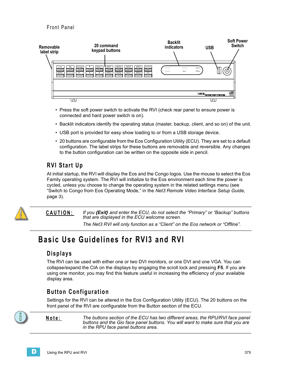 Rvi start up, Basic use guidelines for rvi3 and rvi, Displays | Button configuration, Front panel, N o t e | ETC Ion User Manual | Page 391 / 440