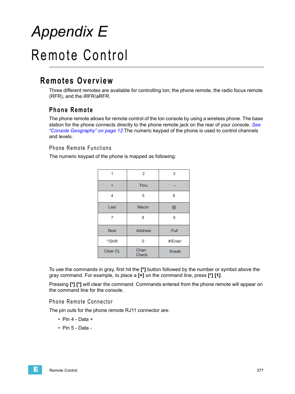 Remote control, Remotes overview, Phone remote | A p p e n d i x e, Appendix e remote control, Phone remote functions, Phone remote connector | ETC Ion User Manual | Page 393 / 440