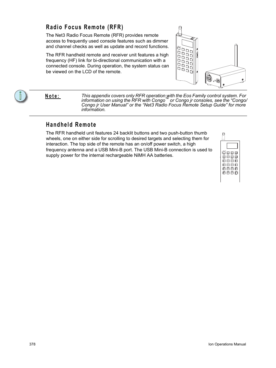 Radio focus remote (rfr), Handheld remote, N o t e | 378 ion operations manual | ETC Ion User Manual | Page 394 / 440