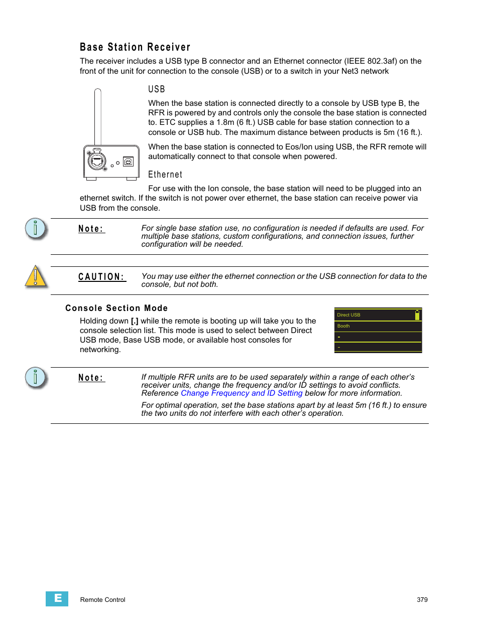 Base station receiver, Console section mode, Ethernet | N o t e | ETC Ion User Manual | Page 395 / 440