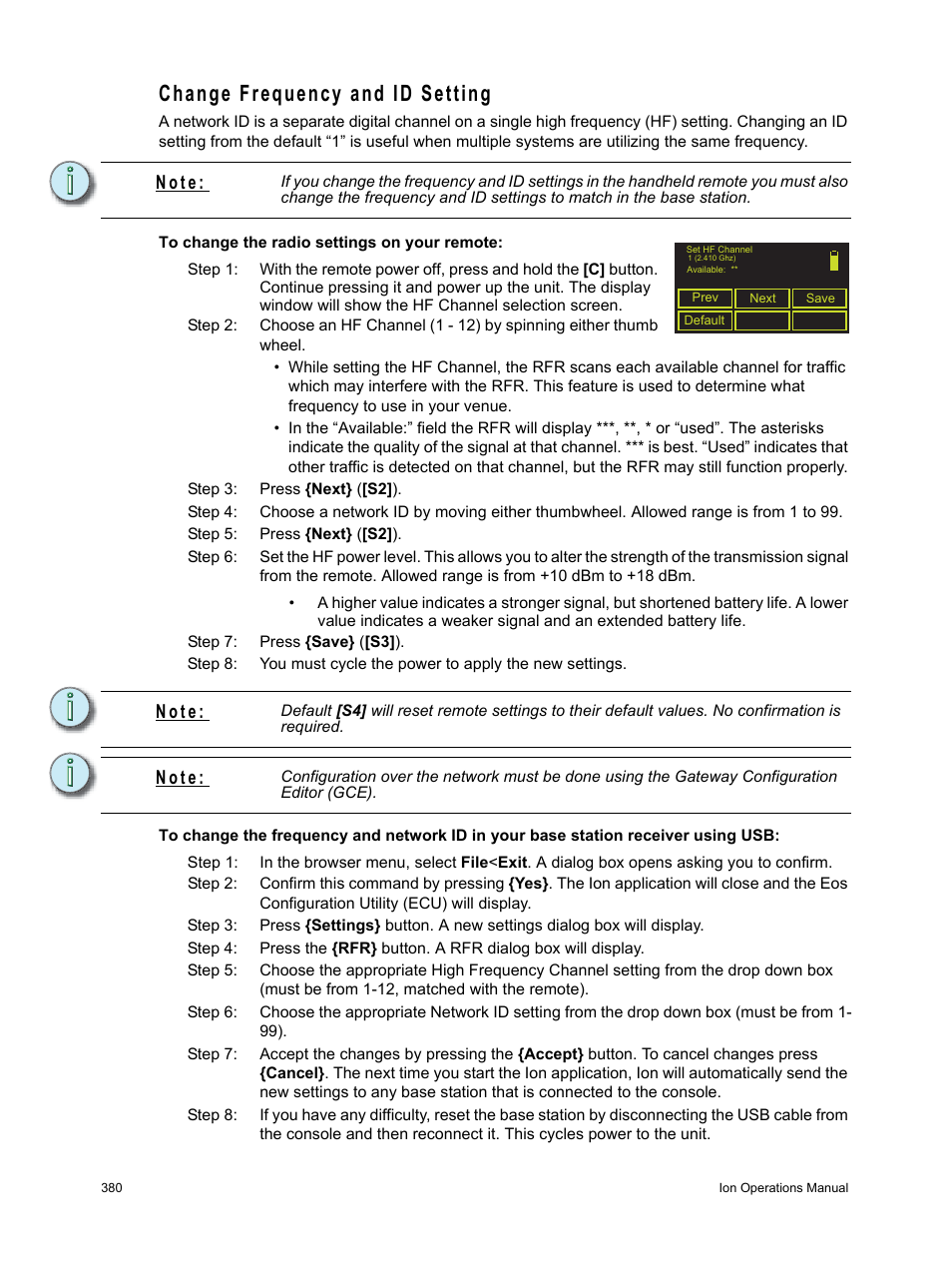 Change frequency and id setting, At the remote, see, N o t e | ETC Ion User Manual | Page 396 / 440