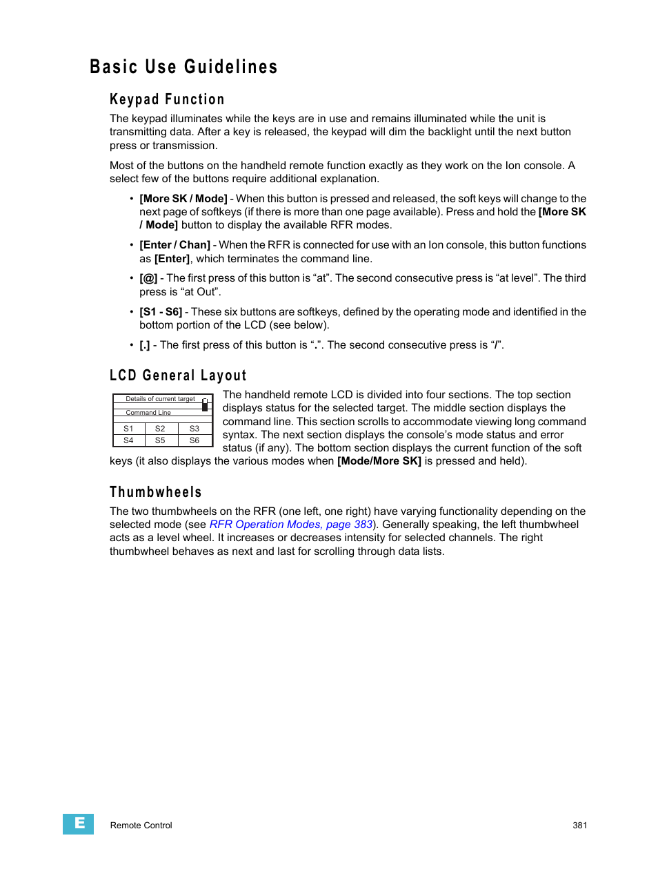 Basic use guidelines, Keypad function, Lcd general layout | Thumbwheels | ETC Ion User Manual | Page 397 / 440