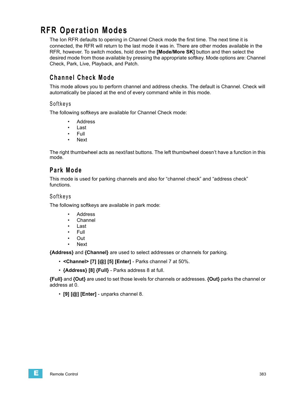 Rfr operation modes, Channel check mode, Park mode | ETC Ion User Manual | Page 399 / 440