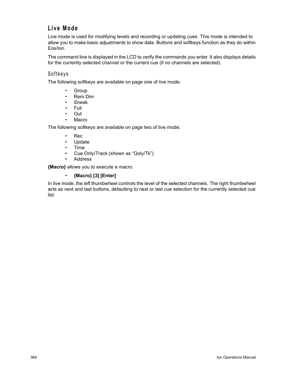 Live mode, Softkeys | ETC Ion User Manual | Page 400 / 440