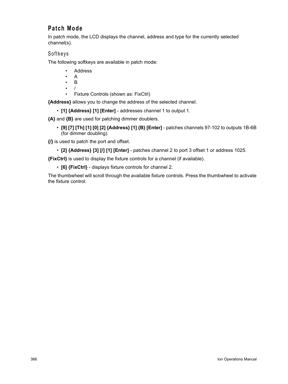 Patch mode, Softkeys | ETC Ion User Manual | Page 402 / 440