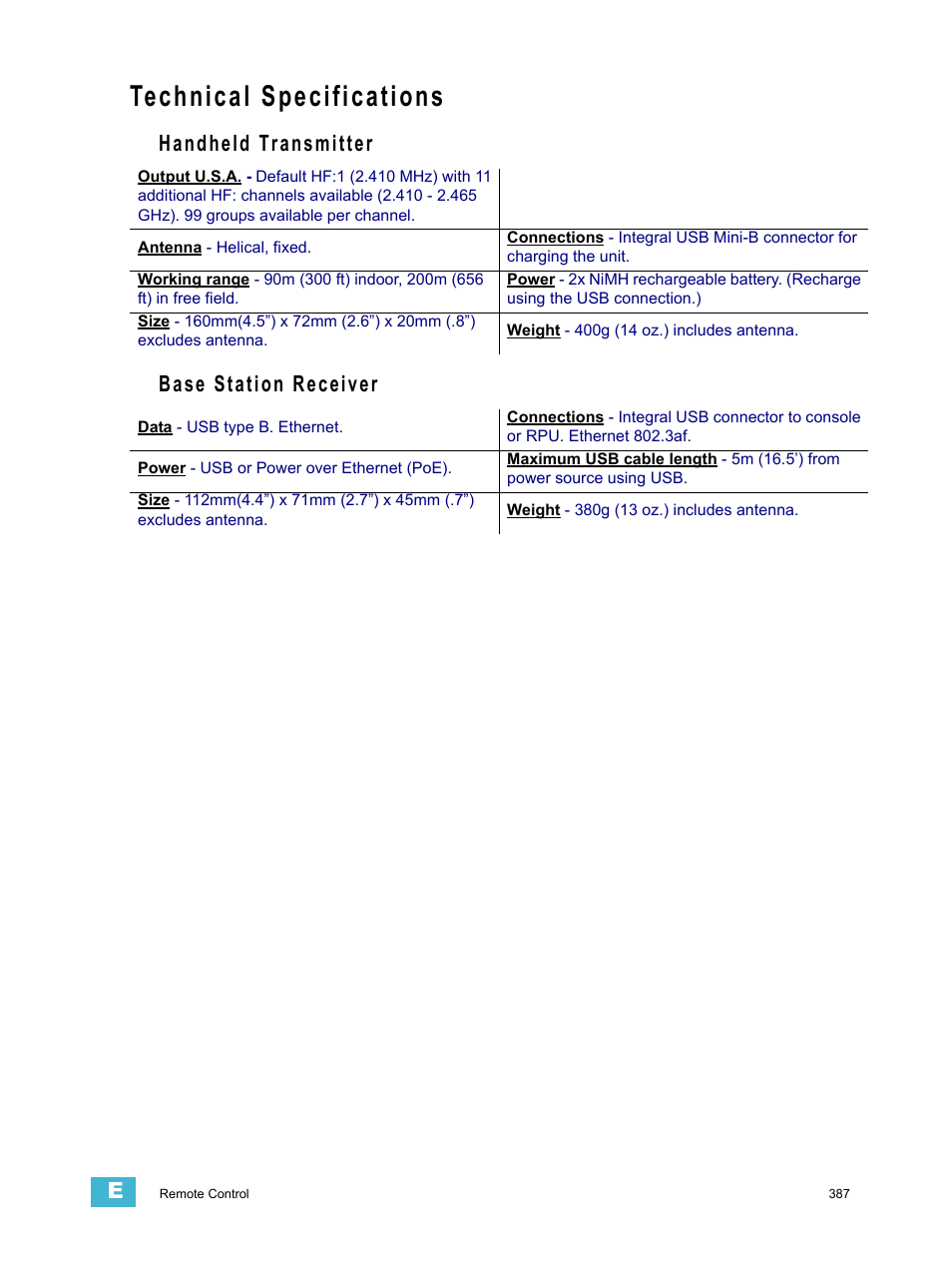 Technical specifications, Handheld transmitter, Base station receiver | Handheld transmitter base station receiver | ETC Ion User Manual | Page 403 / 440