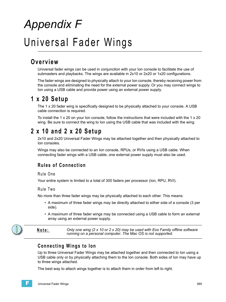 Universal fader wings, Overview, 1 x 20 setup | 2 x 10 and 2 x 20 setup, Rules of connection, Connecting wings to ion, A p p e n d i x f, Appendix f universal fader wings | ETC Ion User Manual | Page 405 / 440