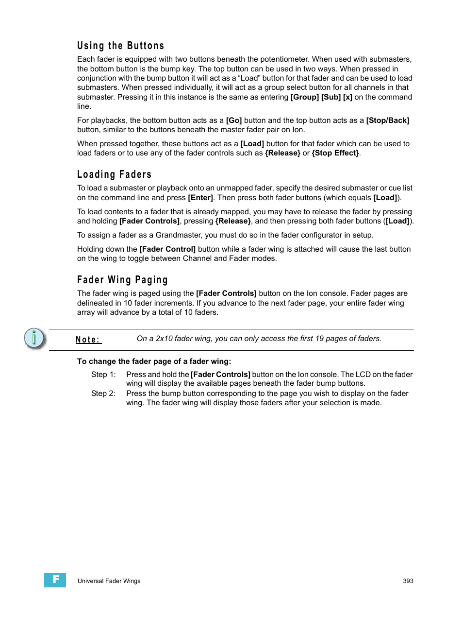 Using the buttons, Loading faders, Fader wing paging | ETC Ion User Manual | Page 409 / 440
