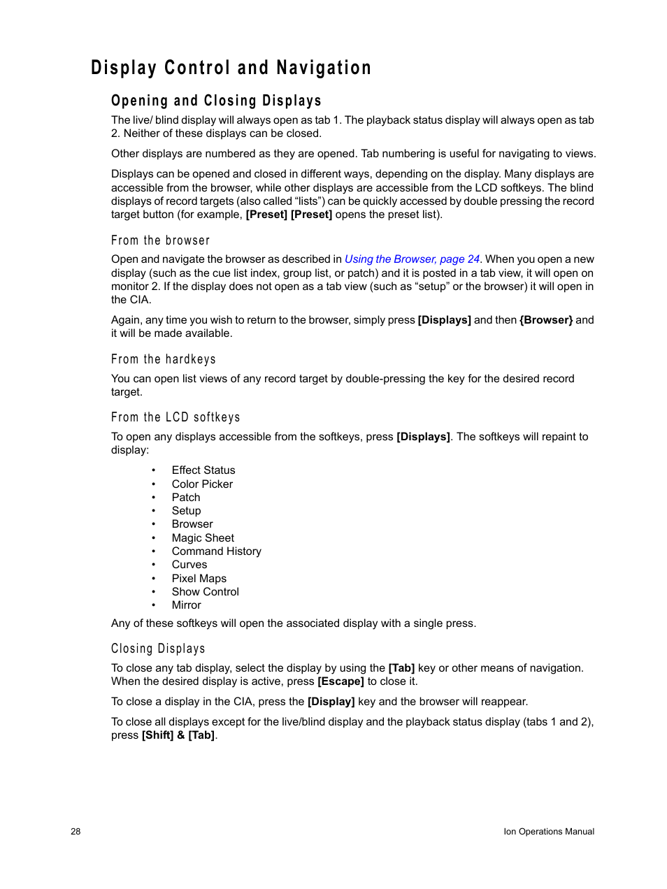 Display control and navigation, Opening and closing displays | ETC Ion User Manual | Page 44 / 440