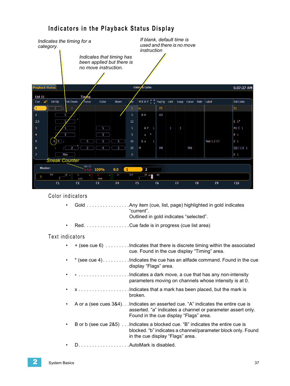 Indicators in the playback status display, Color indicators, Text indicators | ETC Ion User Manual | Page 53 / 440