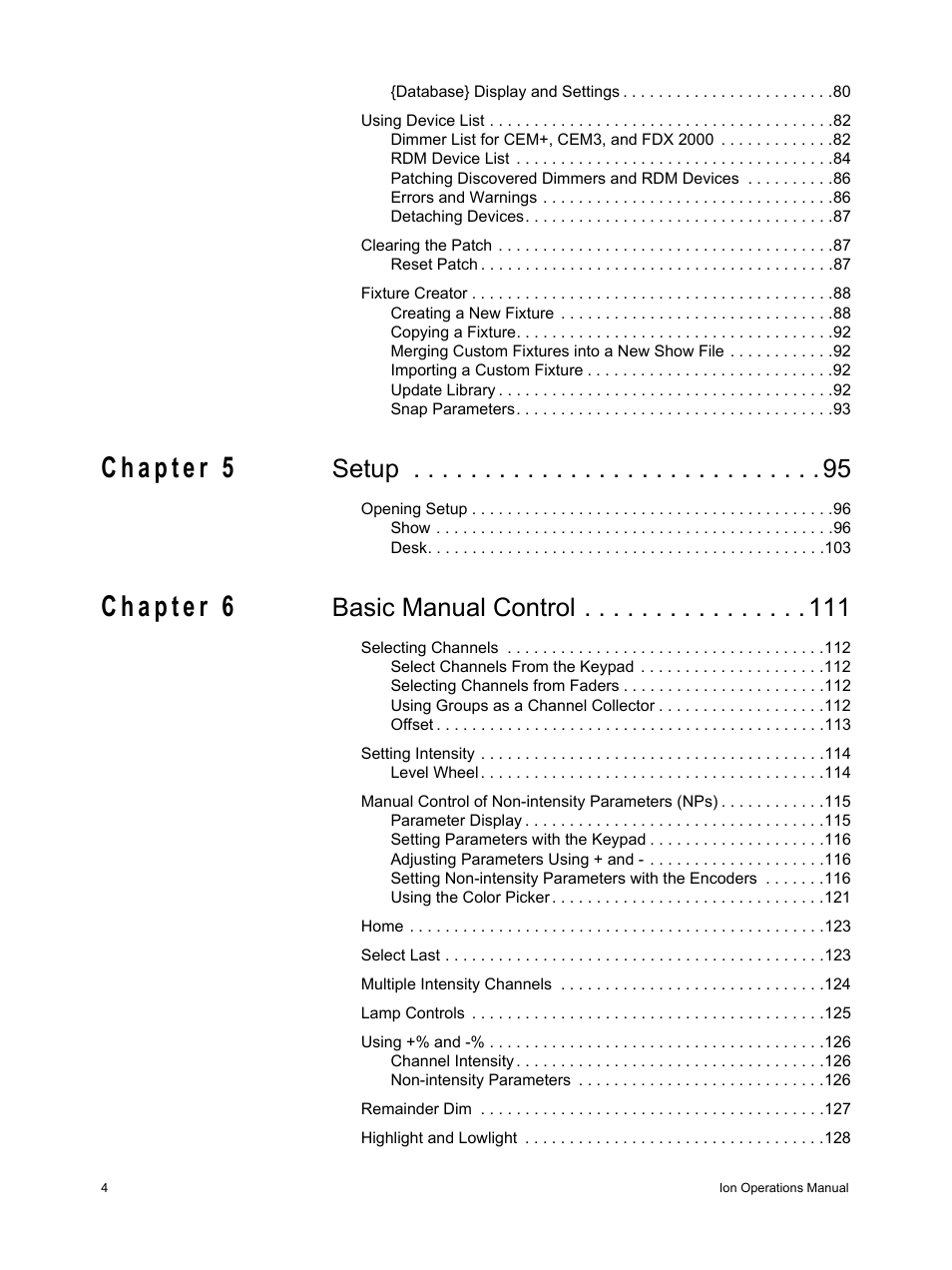 Setup, Basic manual control | ETC Ion User Manual | Page 6 / 440