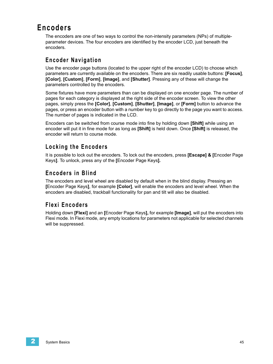 Encoders, Encoder navigation, Locking the encoders | Encoders in blind, Flexi encoders | ETC Ion User Manual | Page 61 / 440