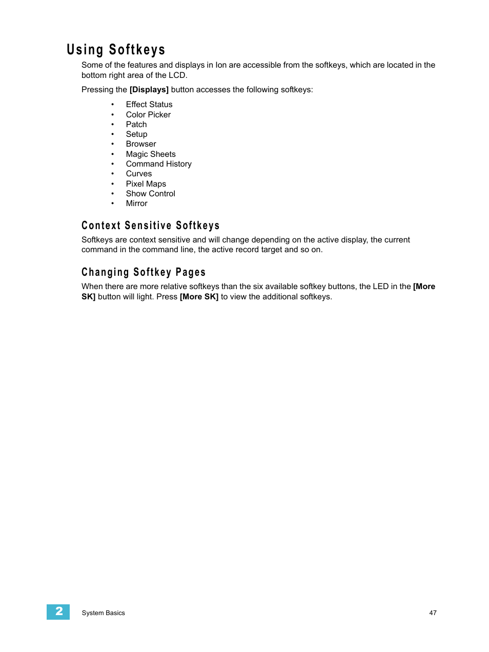 Using softkeys, Context sensitive softkeys, Changing softkey pages | ETC Ion User Manual | Page 63 / 440
