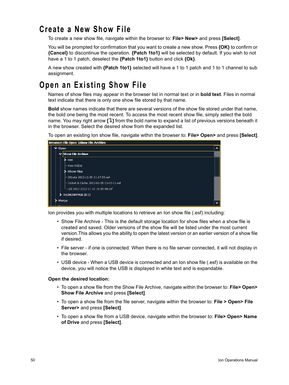 Create a new show file, Open an existing show file | ETC Ion User Manual | Page 66 / 440
