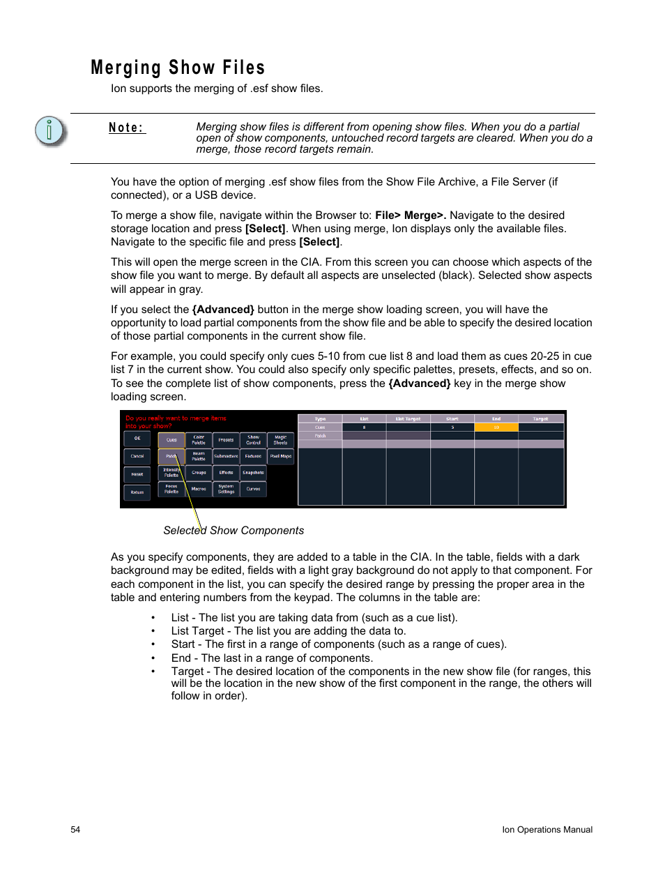 Merging show files, N o t e | ETC Ion User Manual | Page 70 / 440