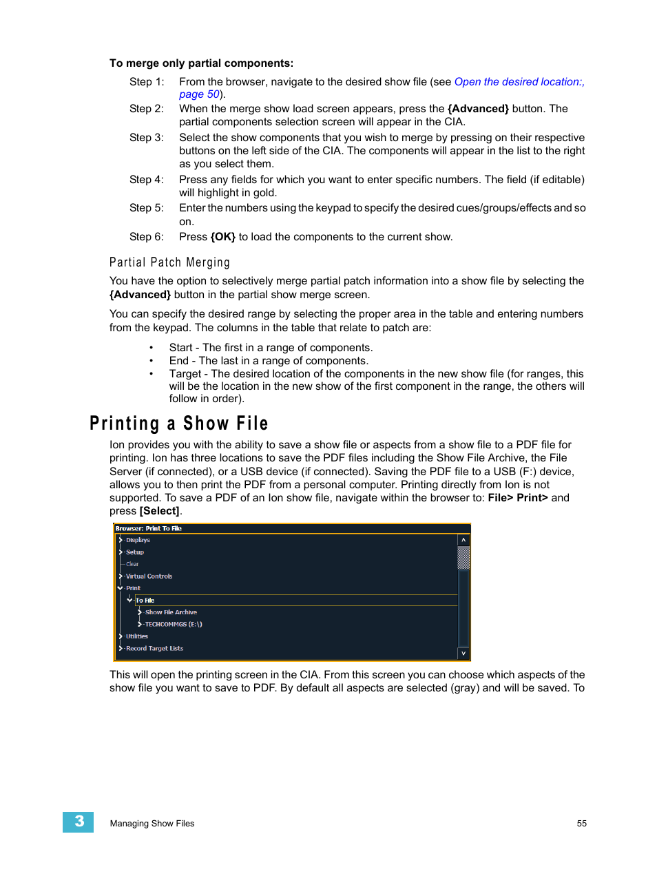 Printing a show file, Partial patch merging | ETC Ion User Manual | Page 71 / 440