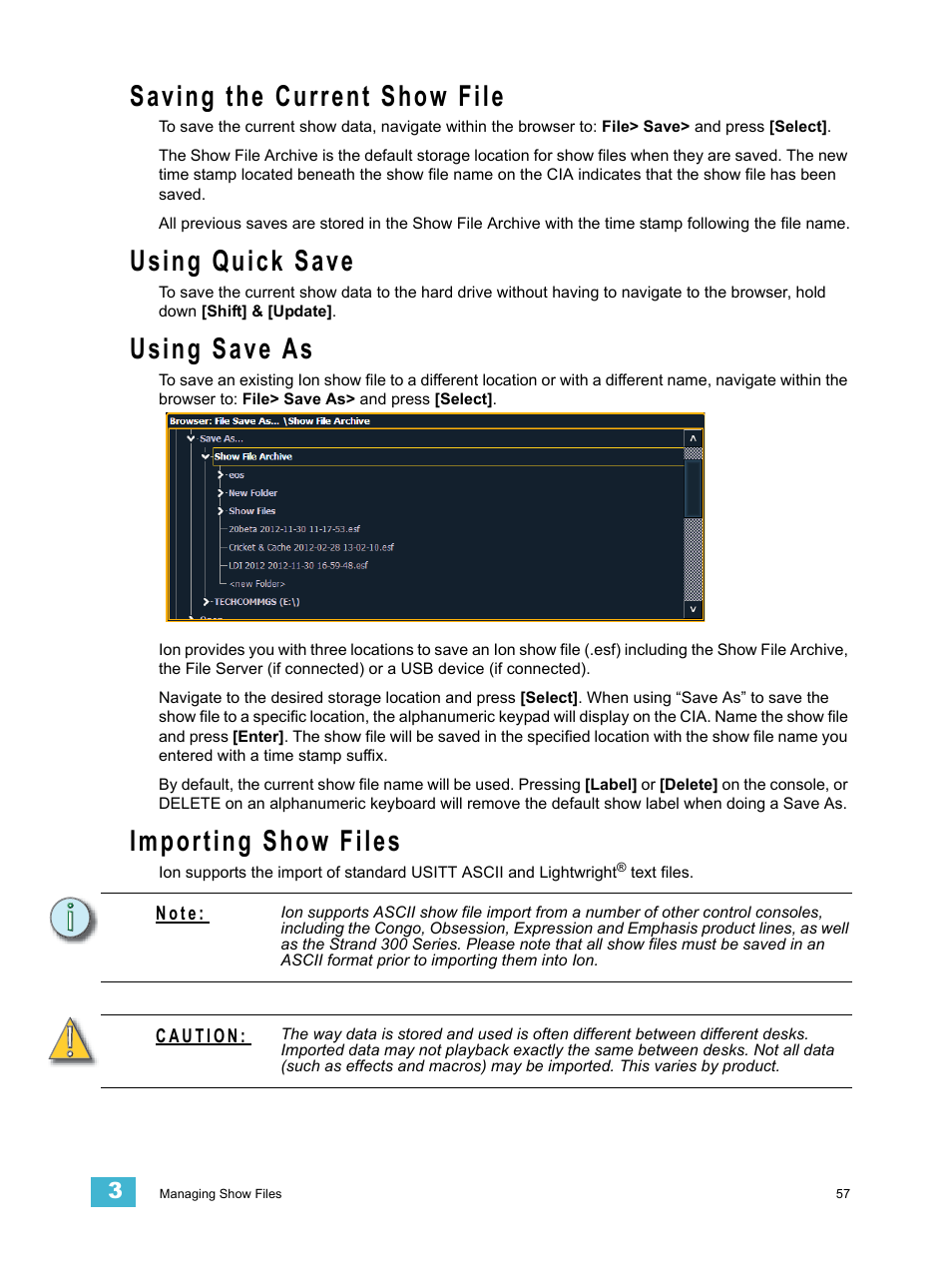 Saving the current show file, Using quick save, Using save as | Importing show files | ETC Ion User Manual | Page 73 / 440