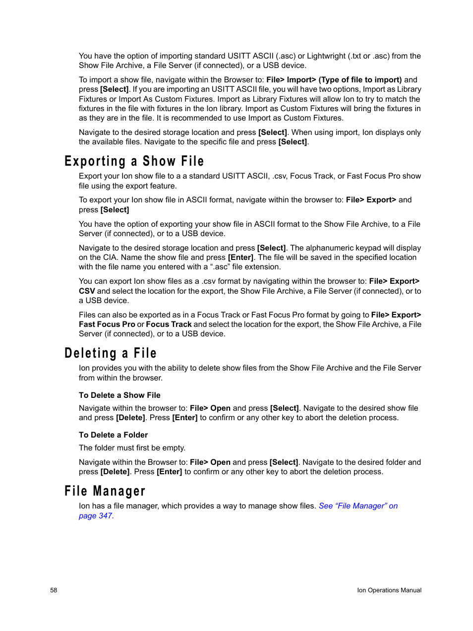 Exporting a show file, Deleting a file, File manager | ETC Ion User Manual | Page 74 / 440