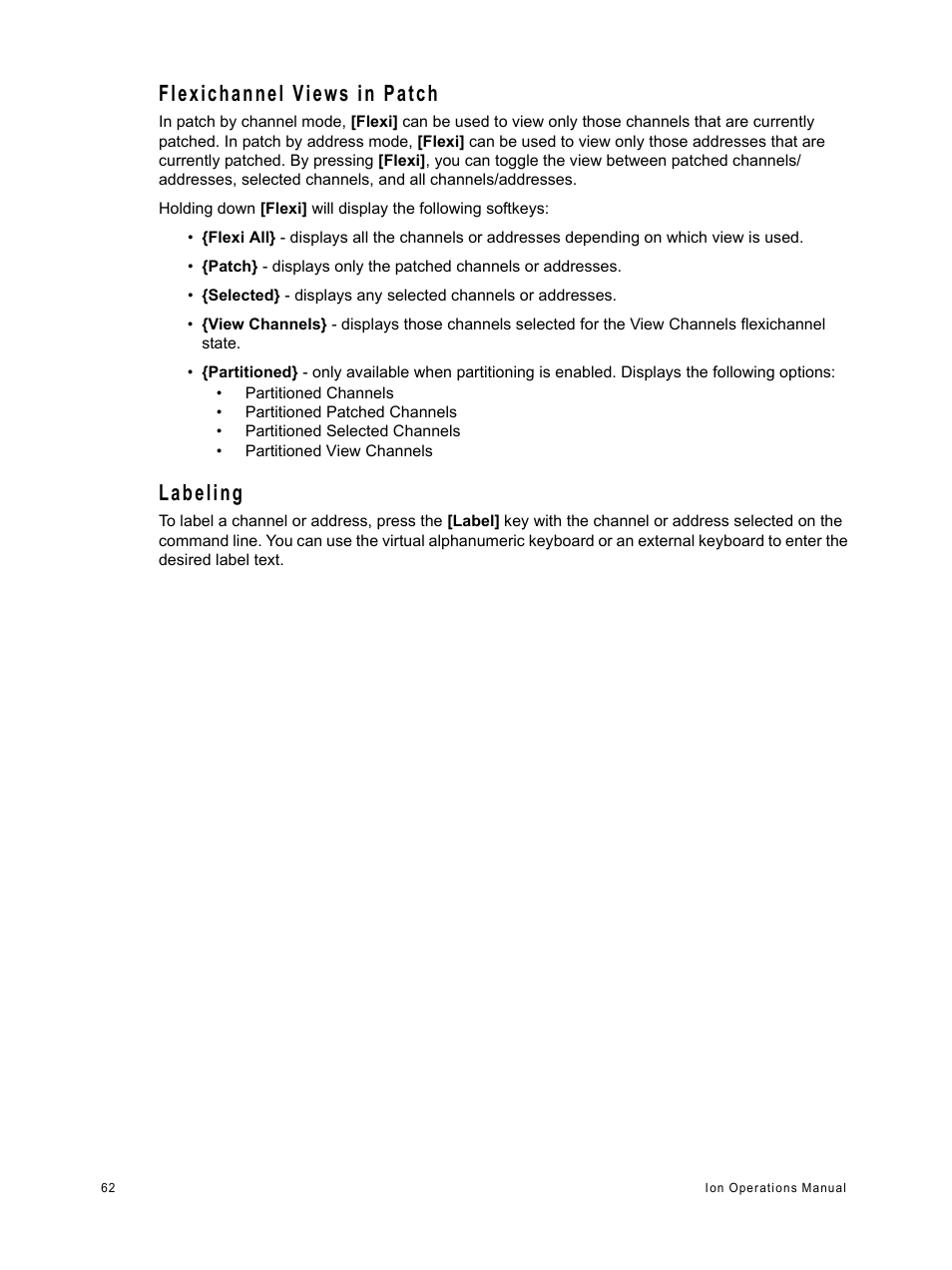 Flexichannel views in patch, Labeling, Flexichannel views in patch labeling | ETC Ion User Manual | Page 78 / 440