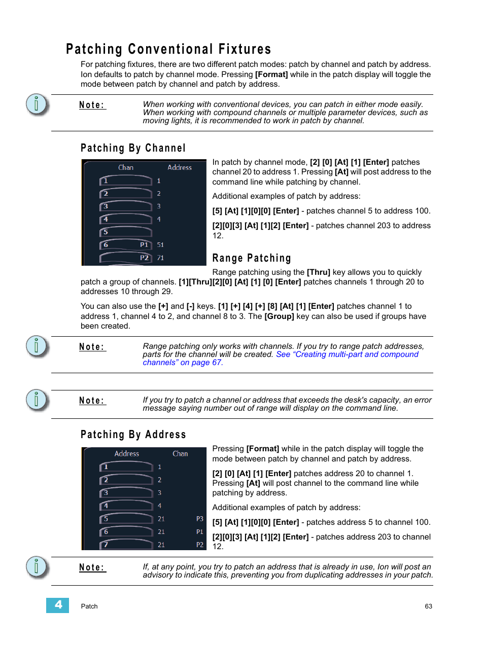 Patching conventional fixtures, Patching by channel, Range patching | Patching by address | ETC Ion User Manual | Page 79 / 440