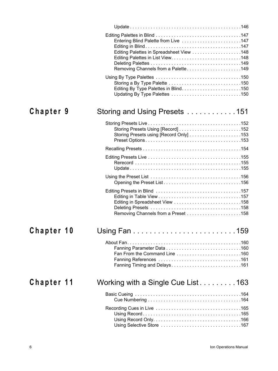 Storing and using presets, Using fan, Working with a single cue list | ETC Ion User Manual | Page 8 / 440