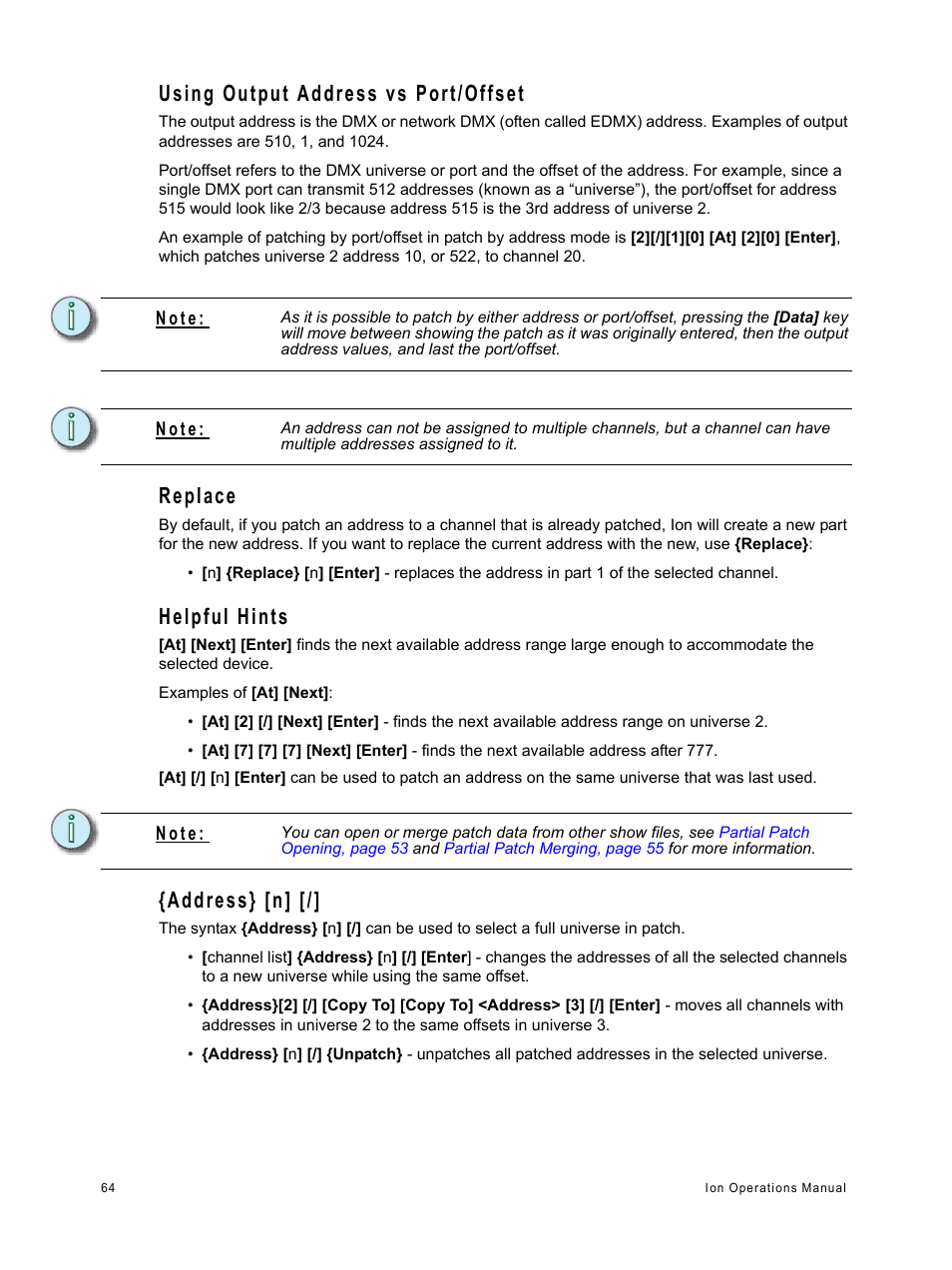 Using output address vs port/offset, Replace, Helpful hints | Address} [n, See “using output address vs port/offset” on | ETC Ion User Manual | Page 80 / 440