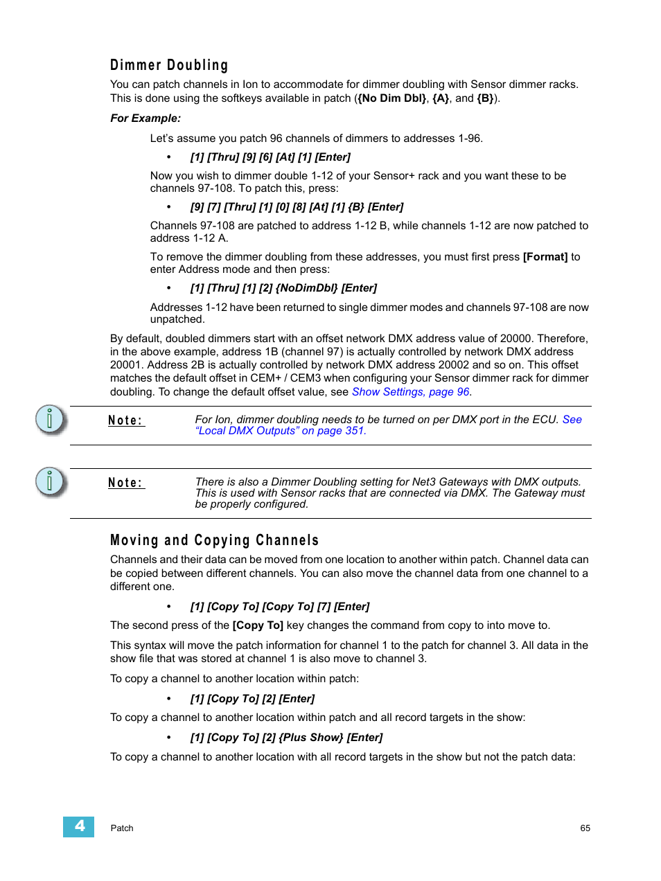 Dimmer doubling, Moving and copying channels, Dimmer doubling moving and copying channels | N o t e | ETC Ion User Manual | Page 81 / 440