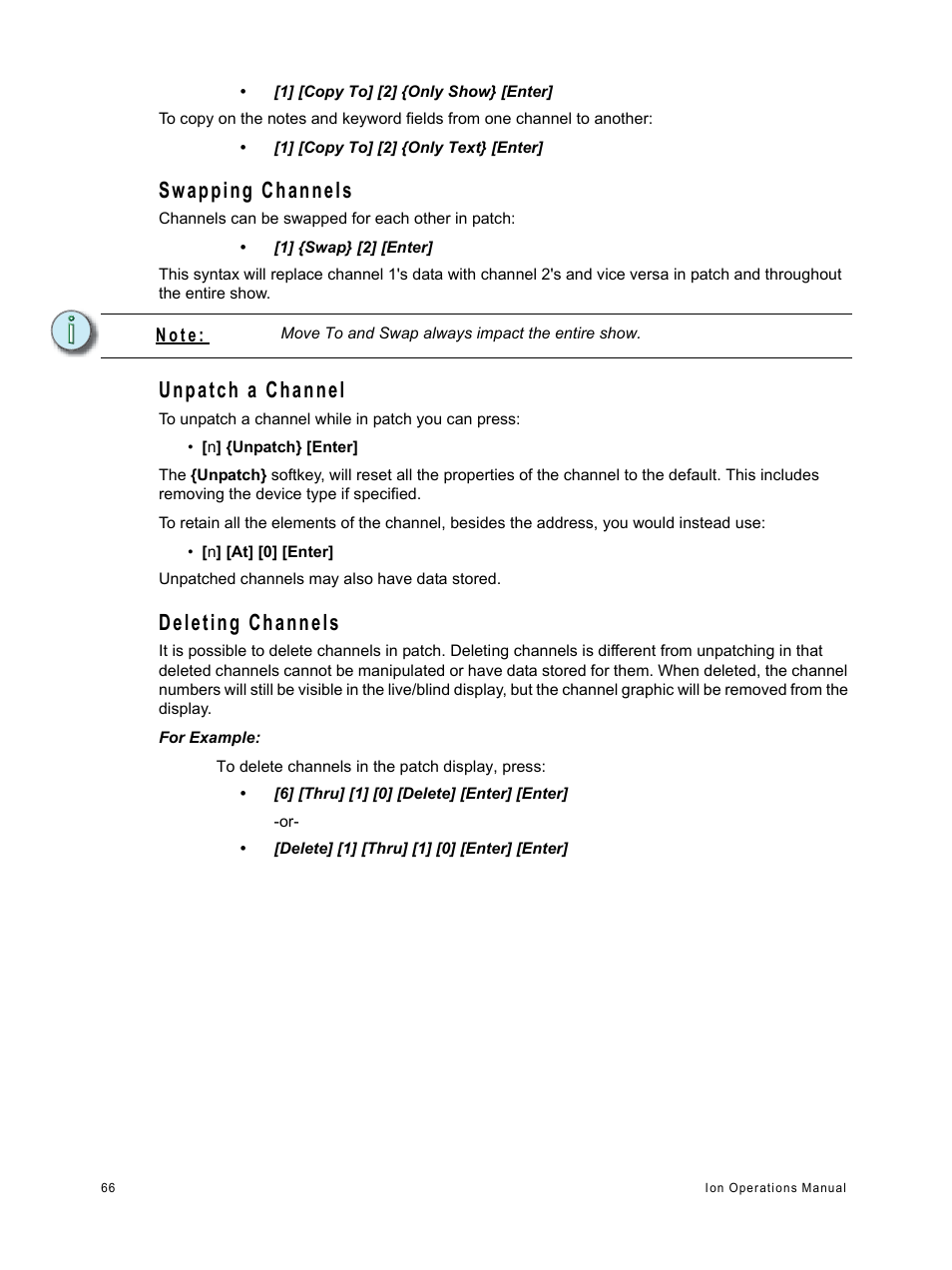 Swapping channels, Unpatch a channel, Deleting channels | ETC Ion User Manual | Page 82 / 440