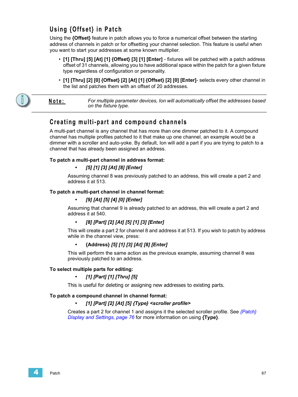 Using {offset} in patch, Creating multi-part and compound channels, N o t e | ETC Ion User Manual | Page 83 / 440