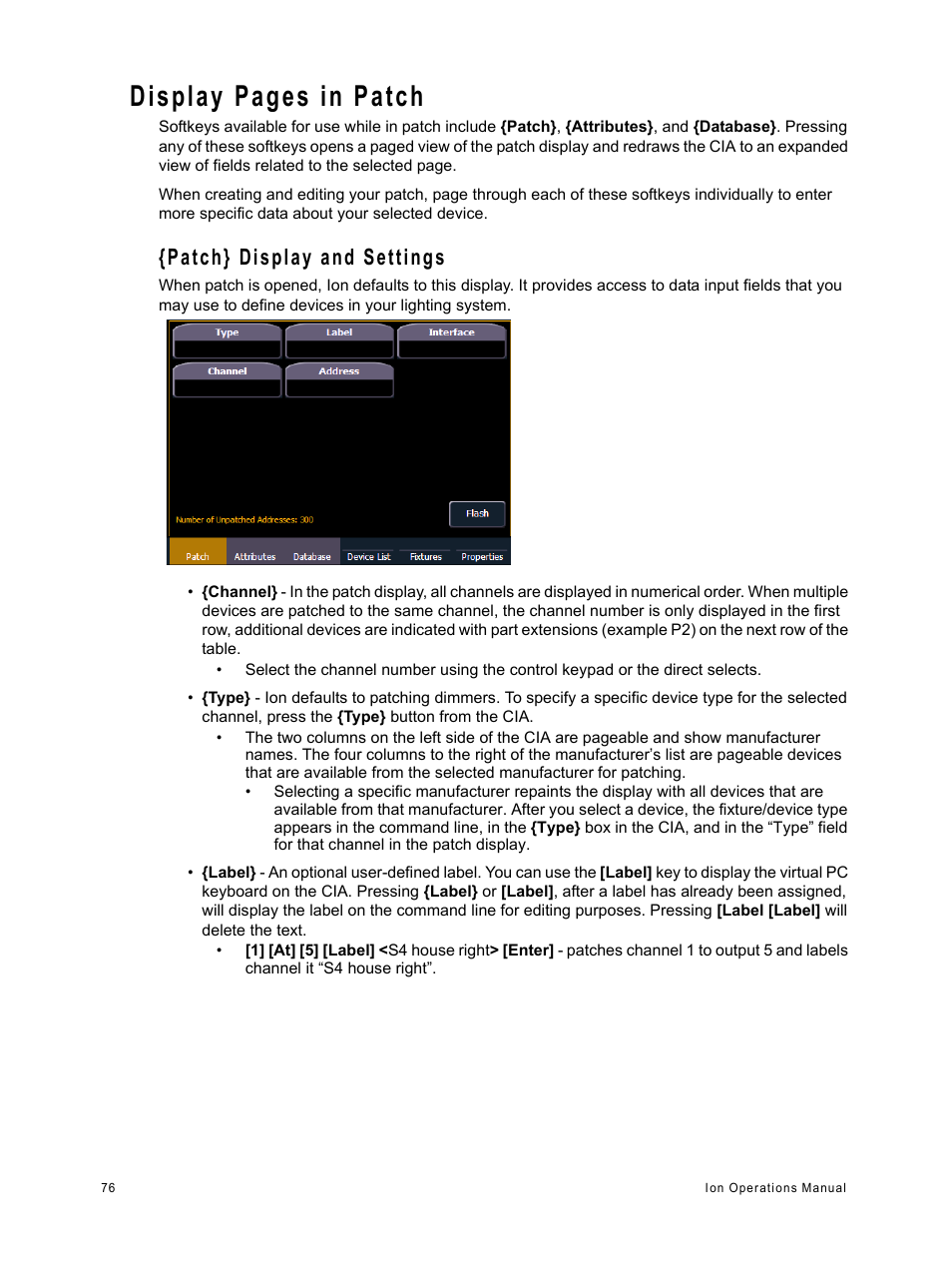 Patch} display and settings, Patch, Display pages in patch | ETC Ion User Manual | Page 92 / 440