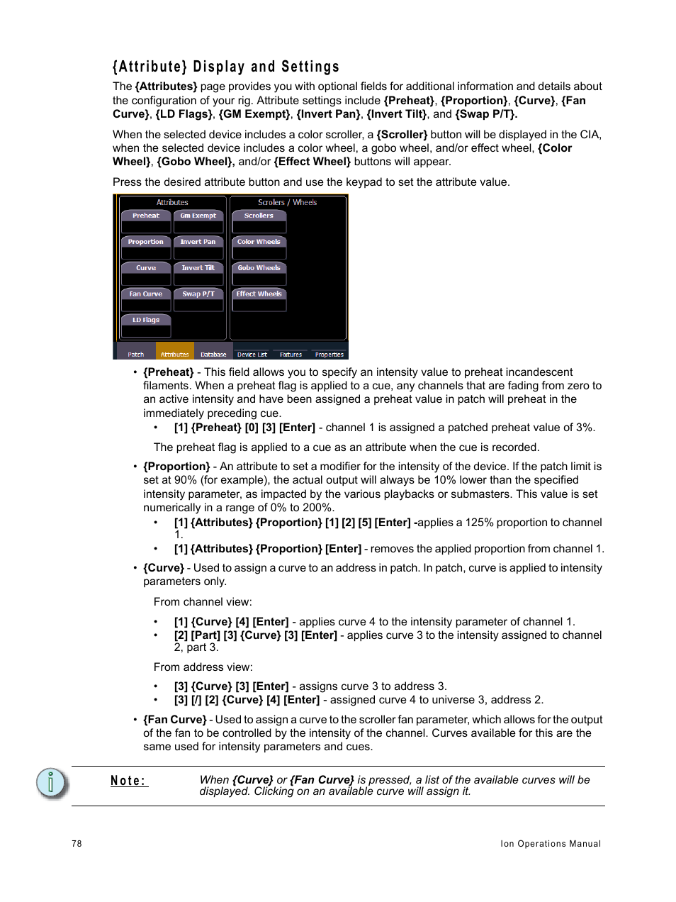 Attribute} display and settings, See “{attribute} display and settings” on, N o t e | ETC Ion User Manual | Page 94 / 440