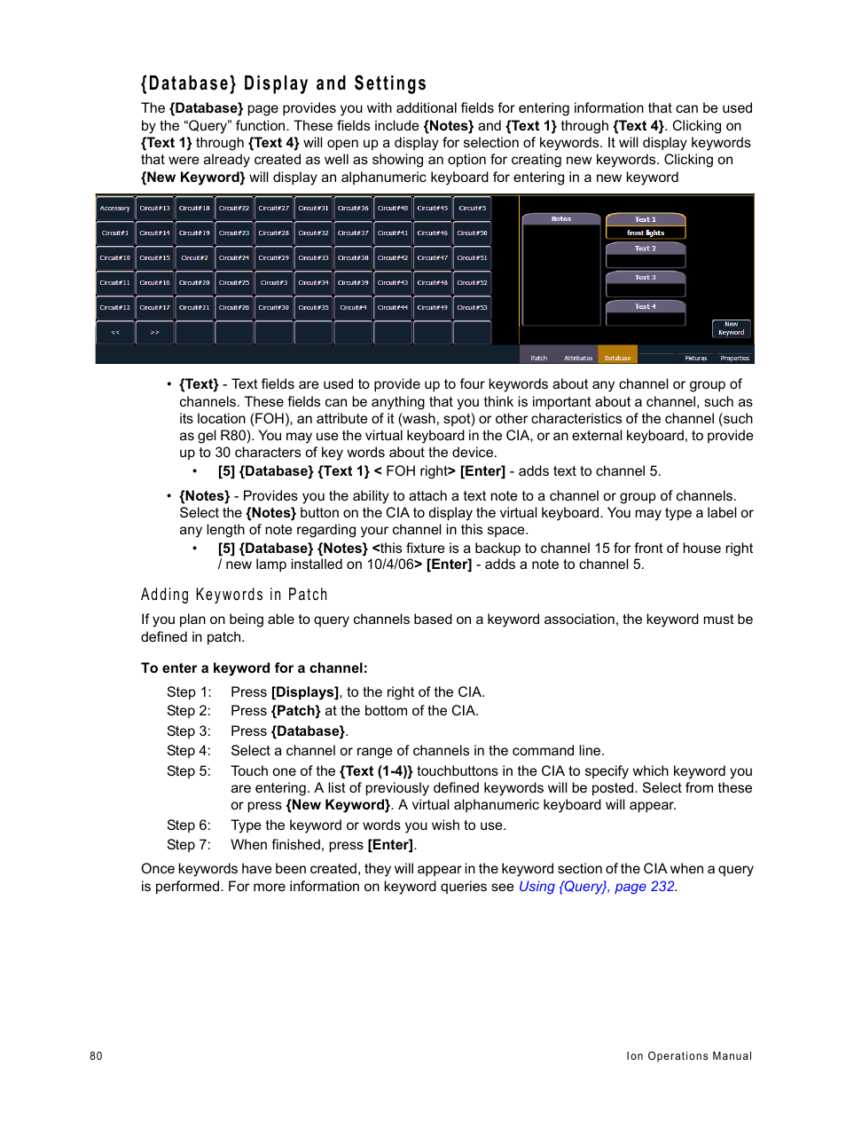 Database} display and settings, Adding keywords in patch | ETC Ion User Manual | Page 96 / 440