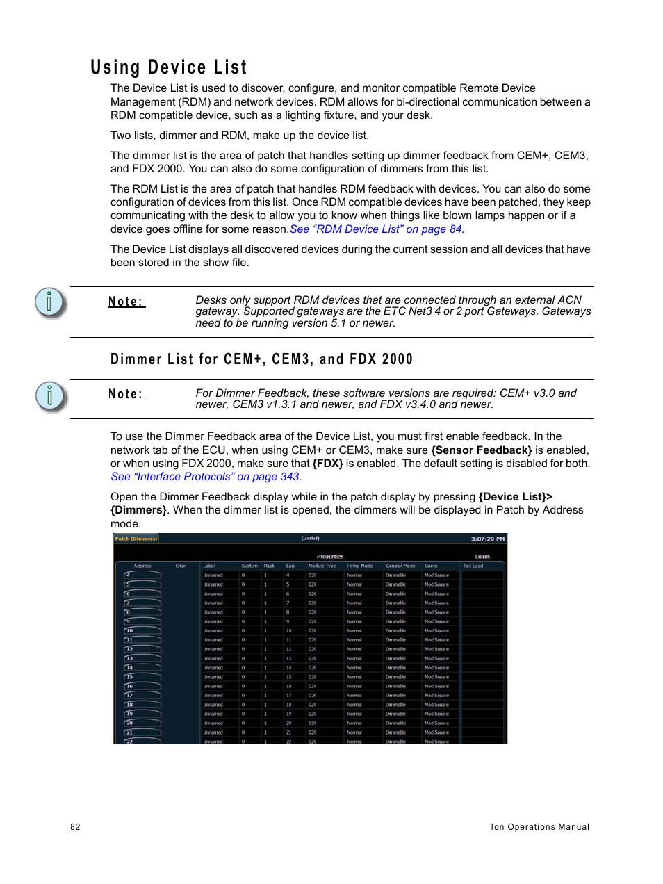 Using device list, Dimmer list for cem+, cem3, and fdx 2000, T device list, see | ETC Ion User Manual | Page 98 / 440