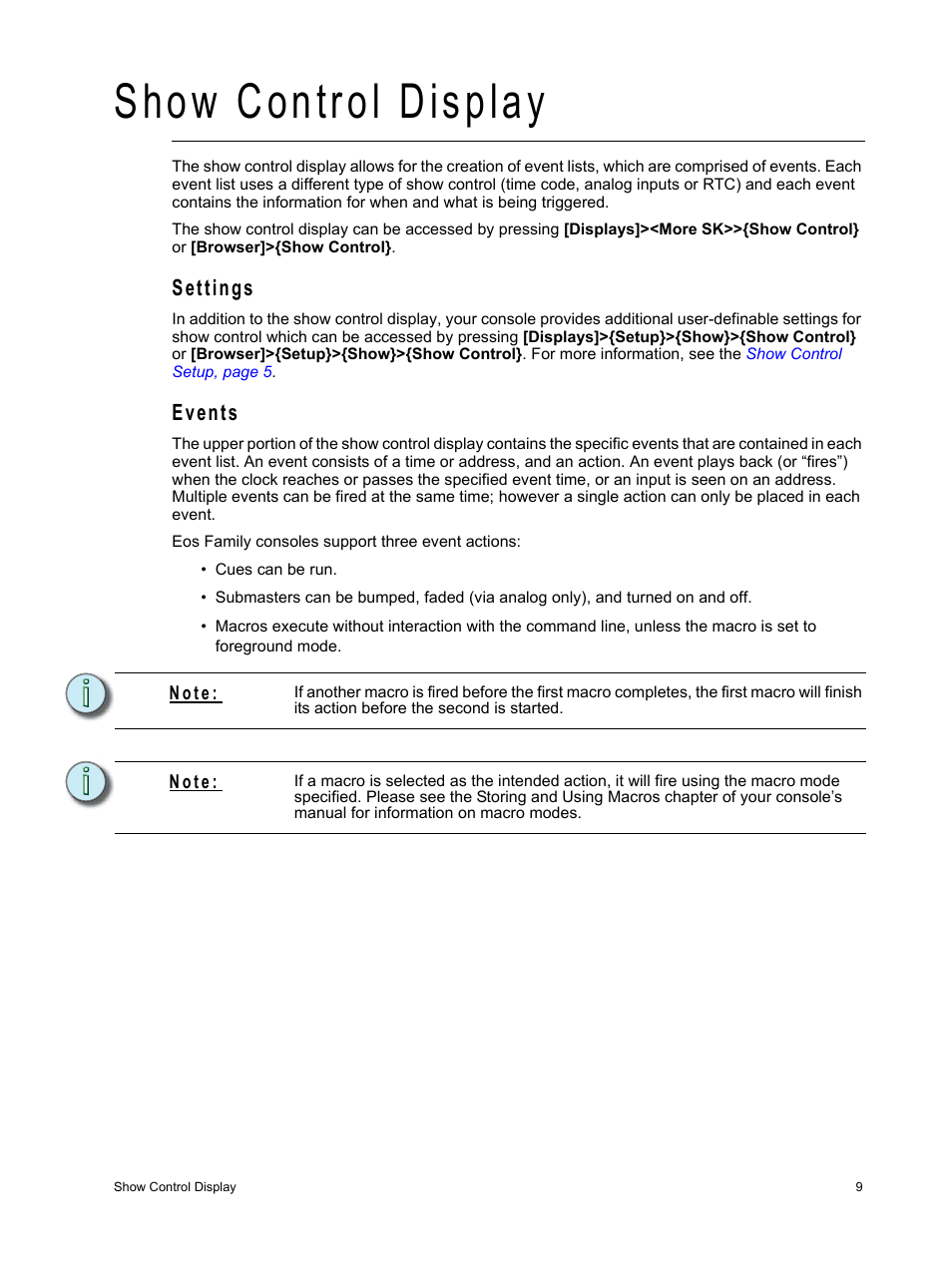 Show control display, Settings, Events | ETC Eos Family Show Control User Manual | Page 11 / 32