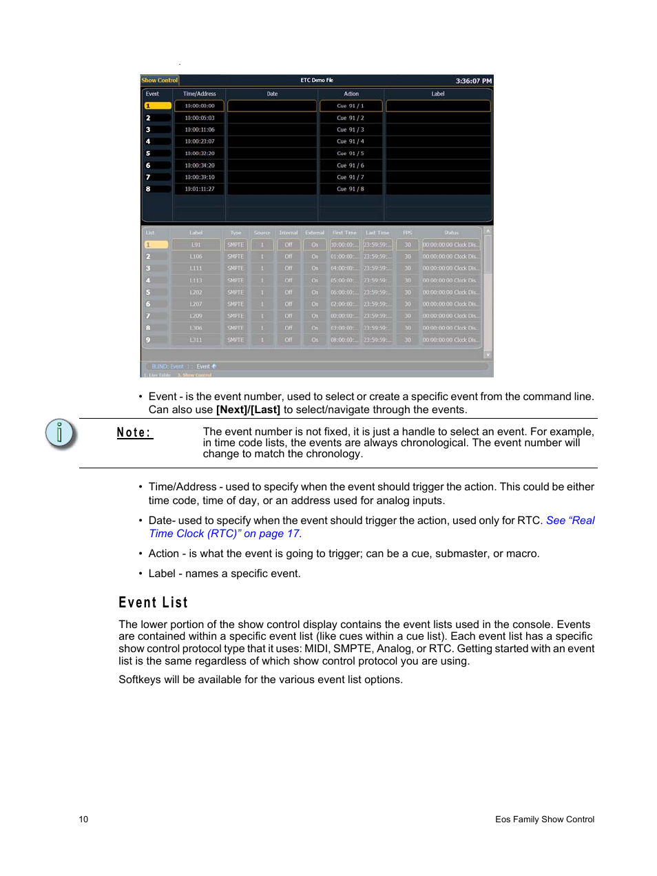 Event list, N o t e | ETC Eos Family Show Control User Manual | Page 12 / 32