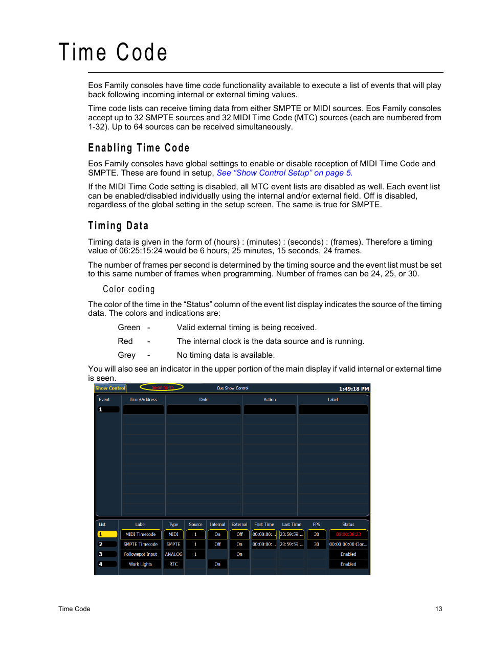 Time code, Enabling time code, Timing data | ETC Eos Family Show Control User Manual | Page 15 / 32