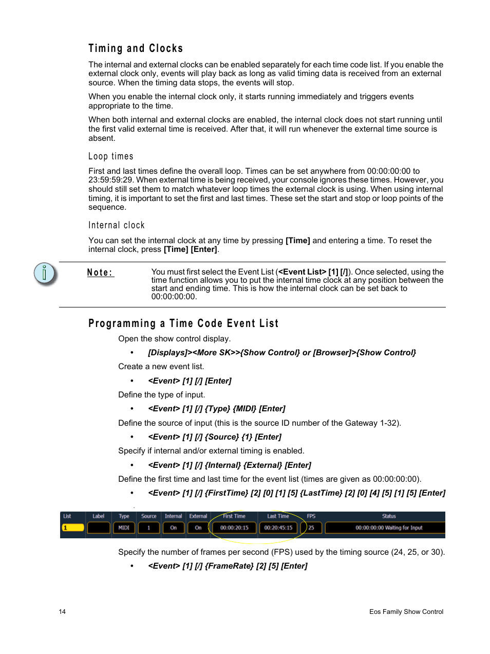 Timing and clocks, Programming a time code event list, Loop times | Internal clock, N o t e | ETC Eos Family Show Control User Manual | Page 16 / 32