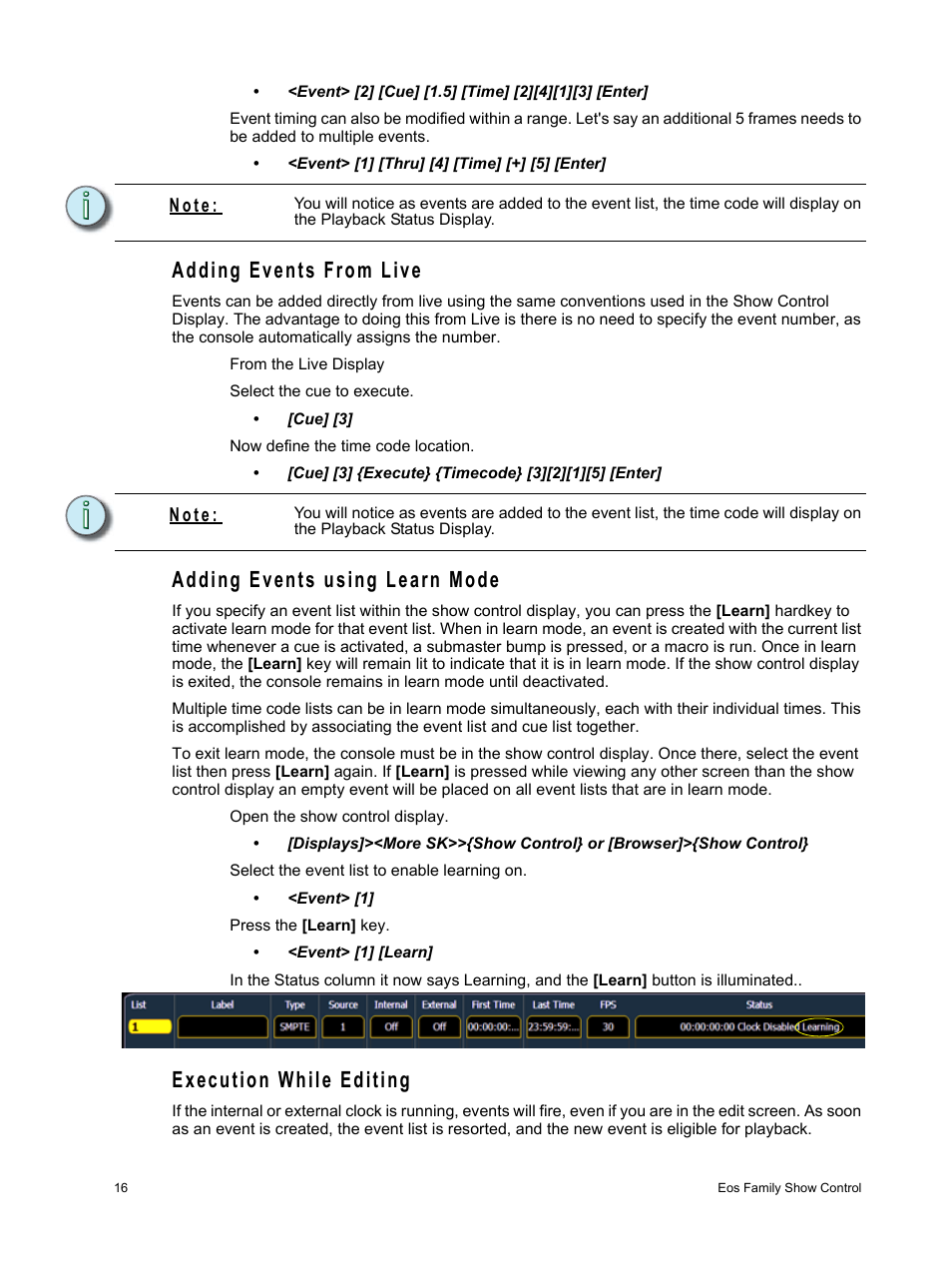 Adding events from live, Adding events using learn mode, Execution while editing | N o t e | ETC Eos Family Show Control User Manual | Page 18 / 32