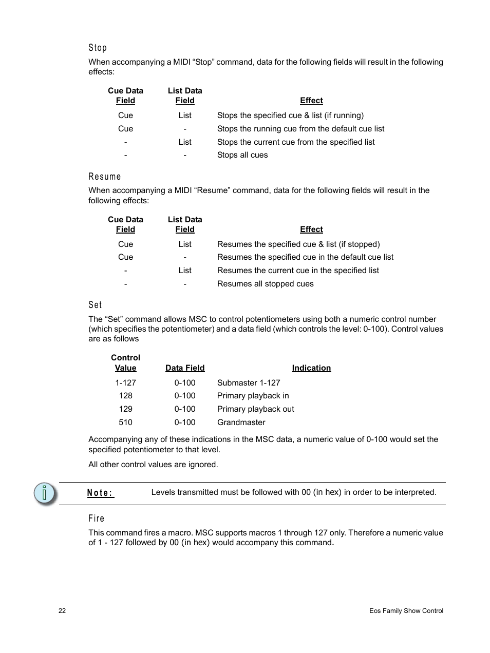 Stop, Resume, Fire | N o t e | ETC Eos Family Show Control User Manual | Page 24 / 32