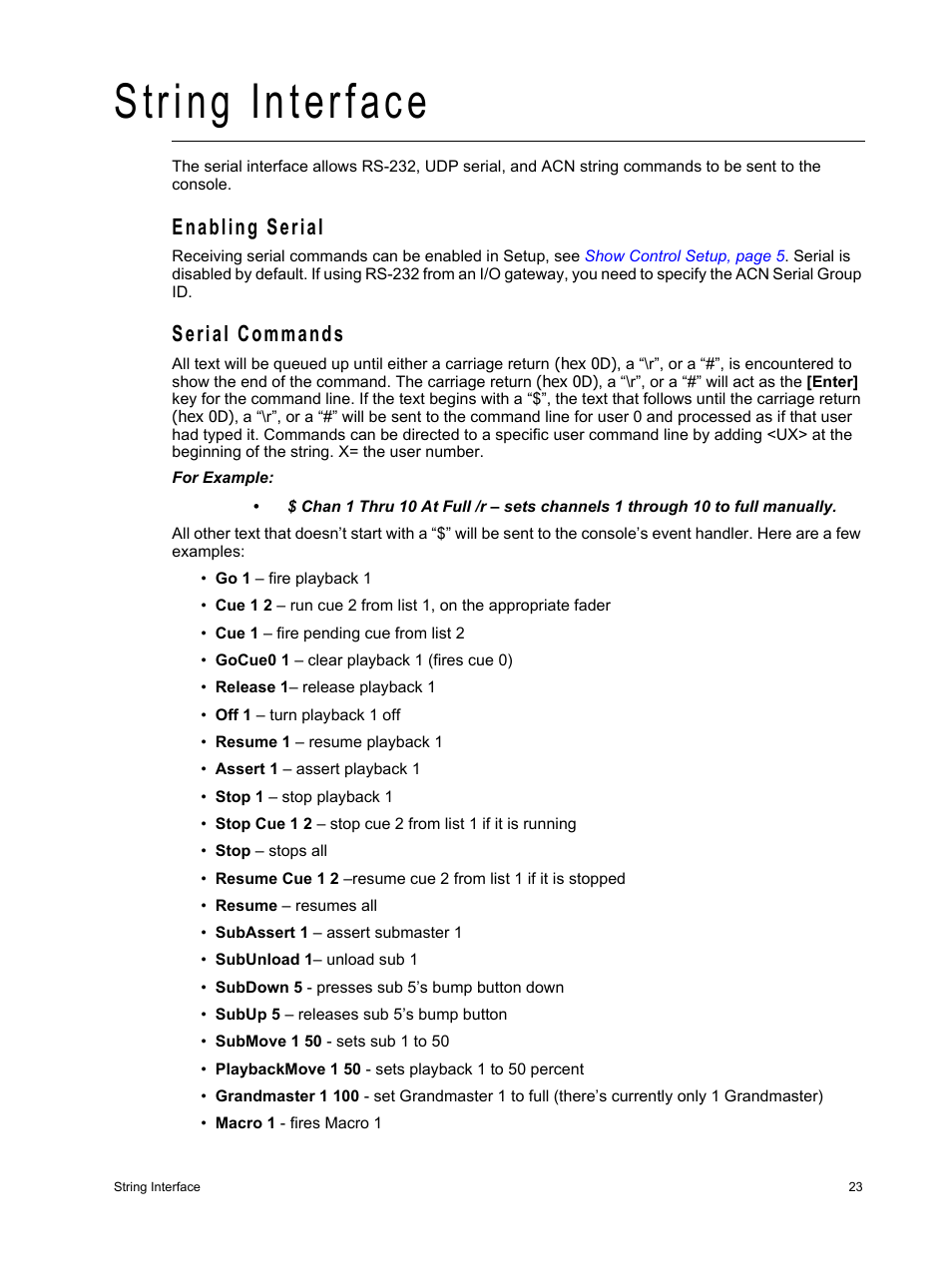 String interface, Enabling serial, Serial commands | ETC Eos Family Show Control User Manual | Page 25 / 32