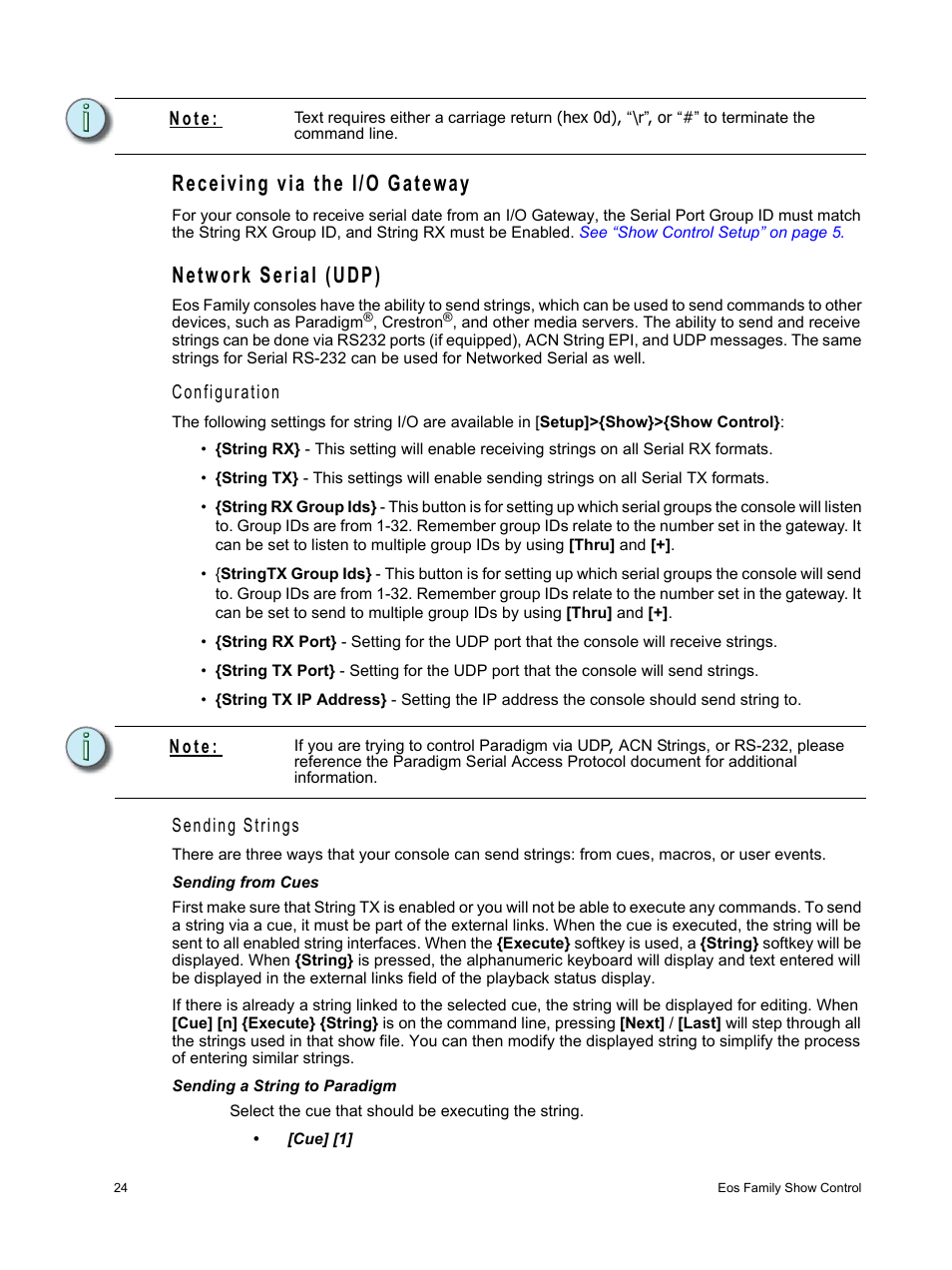 Receiving via the i/o gateway, Network serial (udp), Configuration | Sending strings, N o t e | ETC Eos Family Show Control User Manual | Page 26 / 32