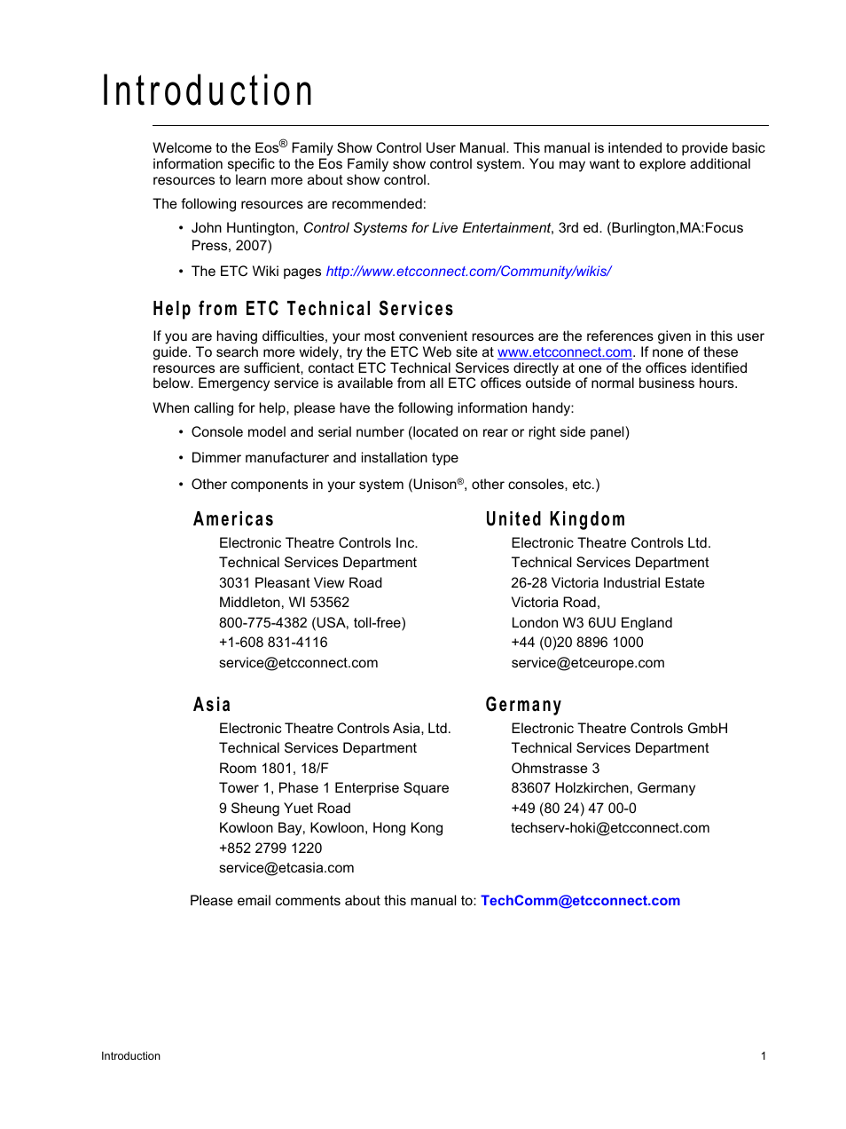 Introduction, Help from etc technical services, Americas united kingdom | Asia germany | ETC Eos Family Show Control User Manual | Page 3 / 32